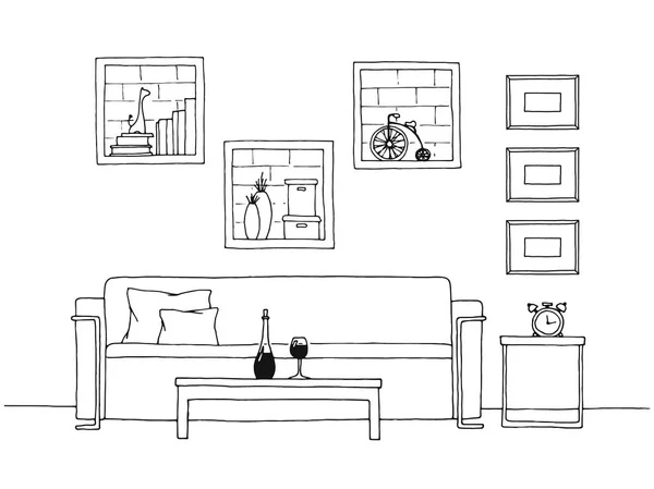 Tisch Vor Dem Sofa Ziegelwand Mit Regalen Vektor Illustration Eines — Stockvektor
