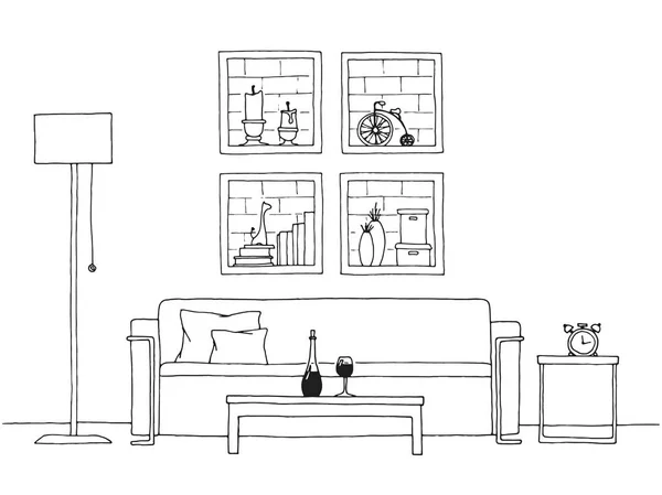 Tisch Vor Dem Sofa Ziegelwand Mit Regalen Vektor Illustration Eines — Stockvektor