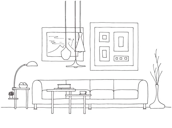 Croquis Linéaire Intérieur Illustration Vectorielle Dessinée Main Style Croquis — Image vectorielle