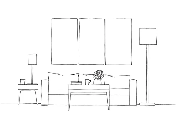 Croquis Linéaire Intérieur Illustration Vectorielle Dessinée Main Style Croquis — Image vectorielle