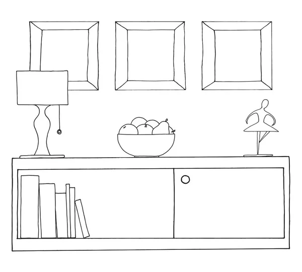 Bosquejo Del Interior Una Mesa Una Mesita Noche Estante Con — Archivo Imágenes Vectoriales