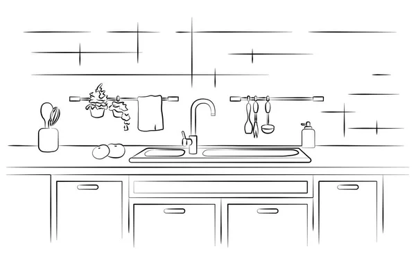 Küchenarbeitsplatte Mit Spüle Lineare Skizzenvektorillustration — Stockvektor