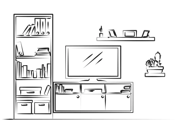 内部の線形のスケッチ 本棚とテレビ棚ドレッサー ベクトル図 — ストックベクタ