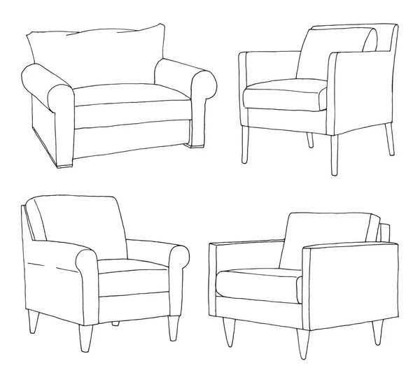 Conjunto Diferentes Poltronas Macias Esboço Linear Ilustração Vetorial —  Vetores de Stock