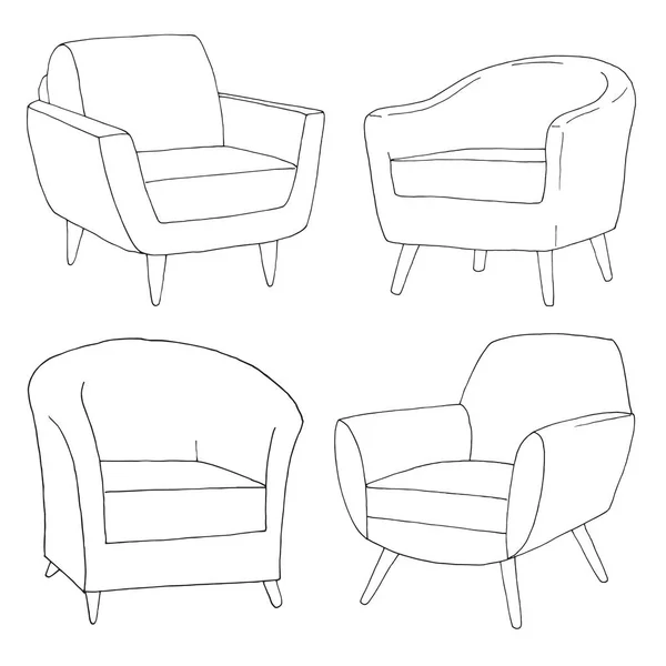 Conjunto Diferentes Sillones Suaves Esbozo Lineal Ilustración Vectorial — Vector de stock