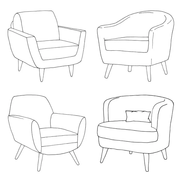 Conjunto Diferentes Sillones Suaves Esbozo Lineal Ilustración Vectorial — Vector de stock