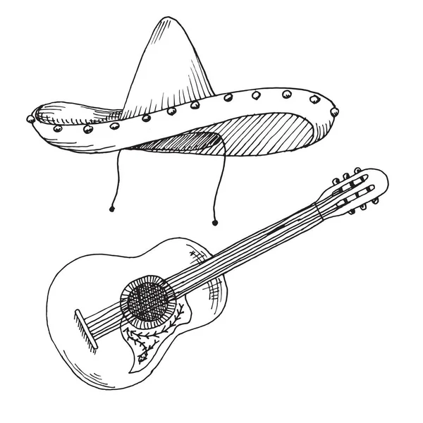 Bosquejo Sombrero Guitarra Aislados Sobre Fondo Blanco Vector — Vector de stock