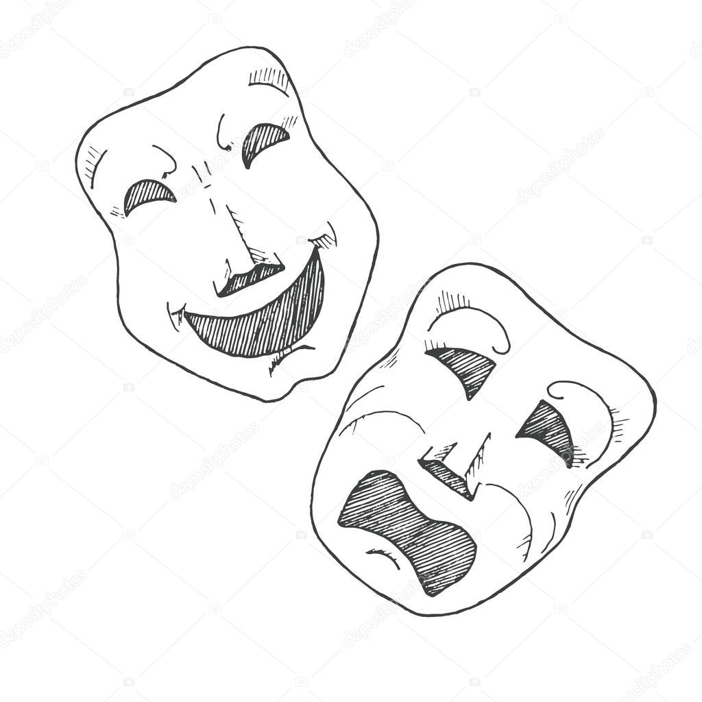 Sketch of theatrical masks. Tragedy and comedy. Vector