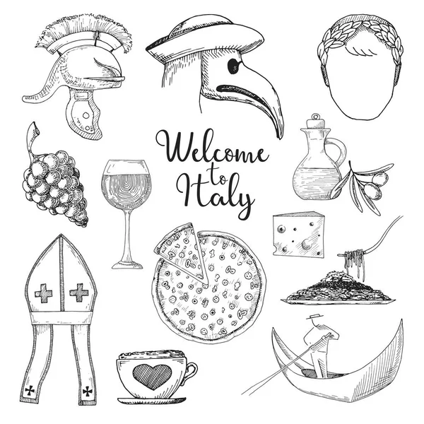 Sett Med Elementer Fra Italiensk Kultur Velkommen Til Italia Vektorillustrasjon – stockvektor