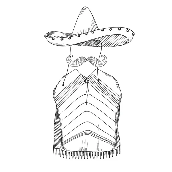 Sketch Poncho Mustache Sombrero Vector Illustration — Stock Vector
