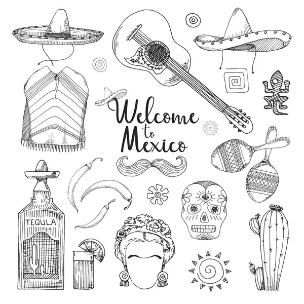 墨西哥文化元素的集合 欢迎来到墨西哥 草绘样式中的矢量插图 — 图库矢量图片