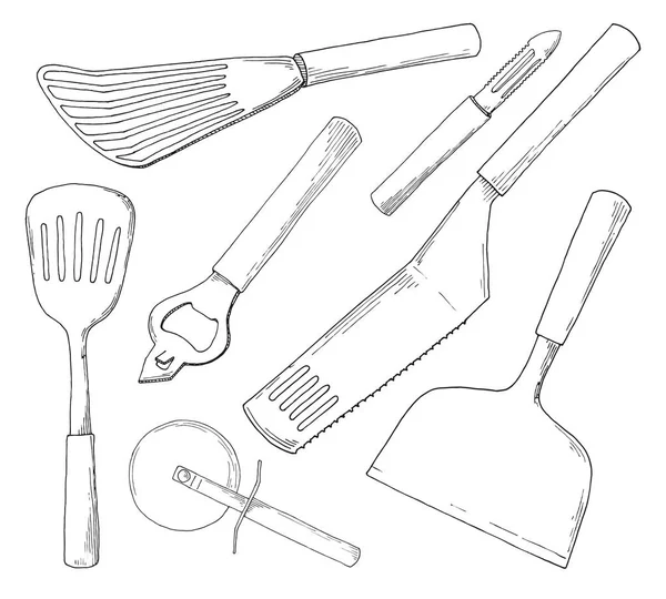 Set Diferentes Accesorios Cocina Ilustración Vectorial Estilo Boceto — Vector de stock