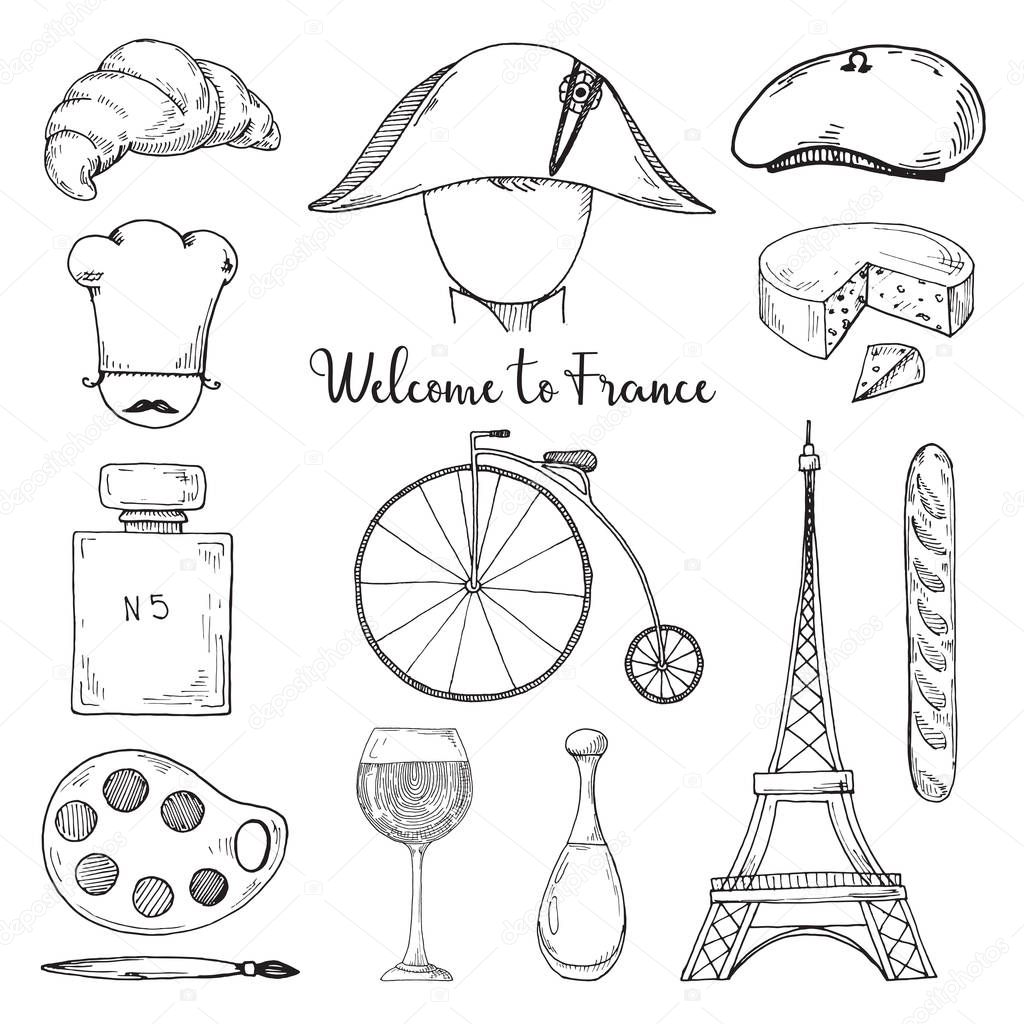 Set of elements of French culture. Welcome to France. Vector illustration in sketch style.