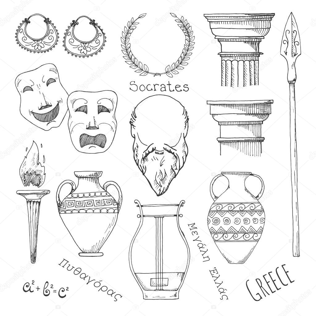 Set of elements of Greek culture. Welcome to Greece. Vector illustration in sketch style.