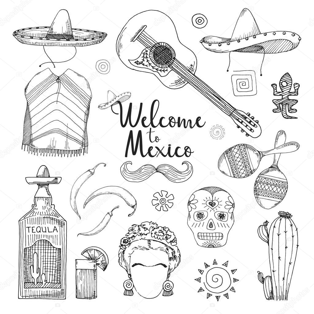 Set of elements of Mexican culture. Welcome to Mexico. Vector illustration in sketch style.