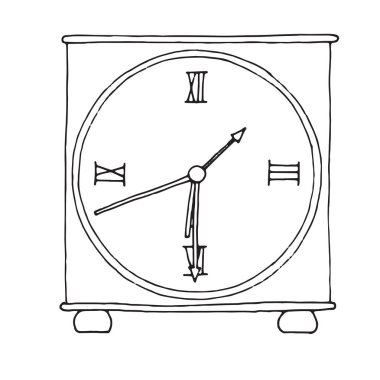 Beyaz arka plan üzerinde izole el çekilmiş saat. Bir kroki stil vektör çizim.