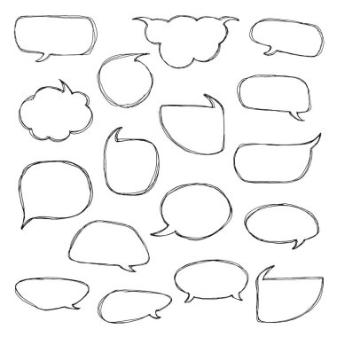 Konuşma konuşma balonları düşünüyorum. Elle çizilmiş doodle tarzı çizgi roman balon, bulut ve kalp sanatsal topluluğu. Vektör çizim kroki tarzı.
