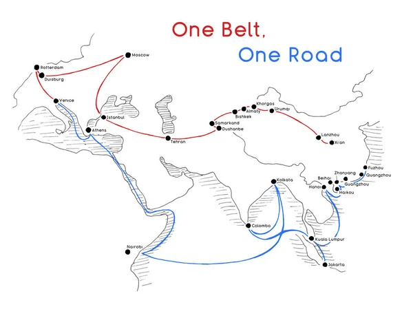  Bir kemer bir yol yeni ipek yolu konsepti. 21'inci yüzyıl bağlantı ve Avrasya ülkeleri arasında işbirliği. Vektör çizim.