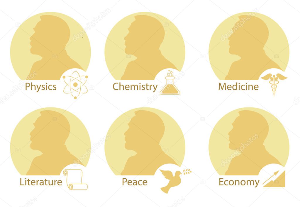 Set of stylized Nobel medals. Silhouette of Nobel in a flat style. Vector illustration.