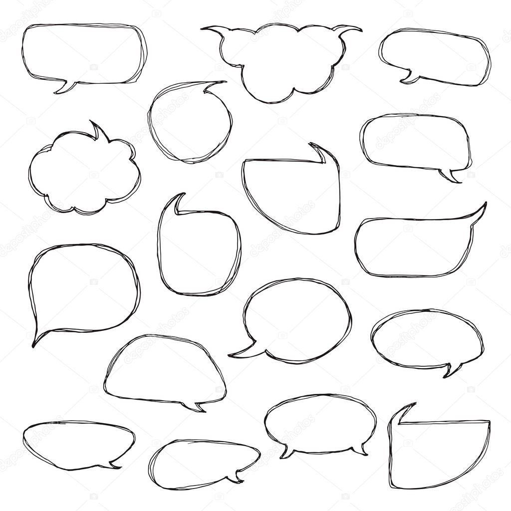Think talk speech bubbles. Artistic collection of hand drawn doodle style comic balloon, cloud and heart. Vector illustration in sketch style.