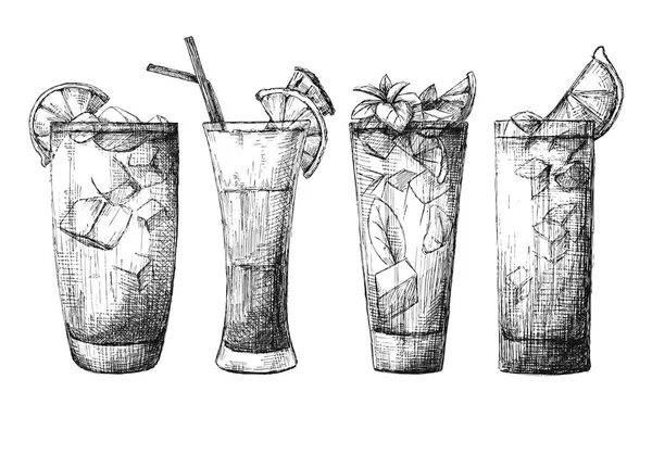 Ensemble Verres Différents Cocktails Différents Illustration Vectorielle Style Croquis — Image vectorielle
