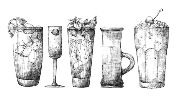 Conjunto Vasos Diferentes Cócteles Diferentes Ilustración Vectorial Estilo Boceto — Archivo Imágenes Vectoriales