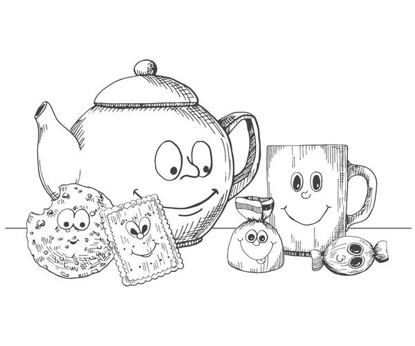 Handgezeichneter Wasserkocher Tasse Kekse Und Bonbons Cartoon Stil Vektorillustration Skizzenstil — Stockvektor