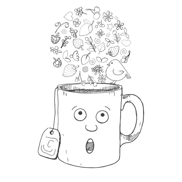 Hand Gezeichnet Eine Tasse Cartoon Stil Verschiedene Kräuter Pflanzen Beeren — Stockvektor