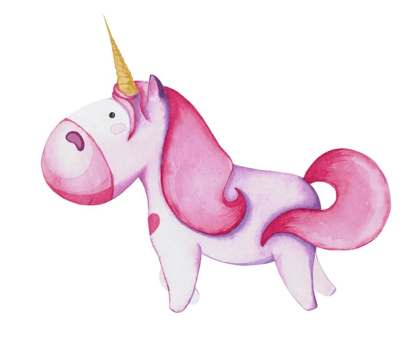 Unicornio Rosa Aislado Sobre Fondo Blanco Dibujo Con Acuarela —  Fotos de Stock