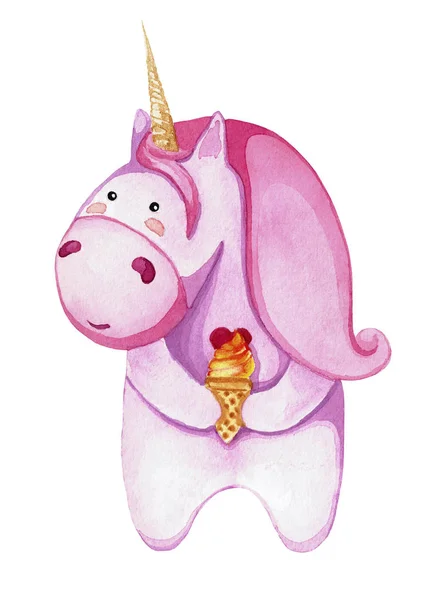 Unicorno Rosa Con Gelato Isolato Sfondo Bianco Disegno Con Acquerello — Foto Stock