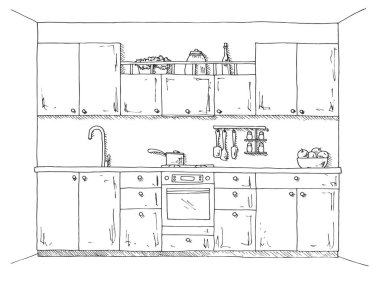 El mutfak mobilya çekilmiş. Vektör çizim kroki tarzı