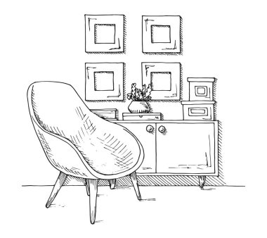 Bir vazo ile koltuk, dolap. Bir kroki tarzı çizilmiş vektör çizim el. 