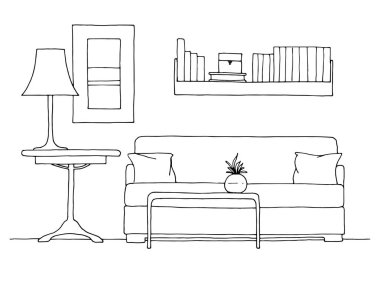 Bir iç mekanın doğrusal çizimi. Bir çizim biçiminin el çizimi vektör çizimi.