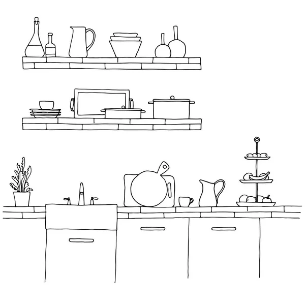 Meja Dapur Dengan Wastafel Sketsa Dapur - Stok Vektor