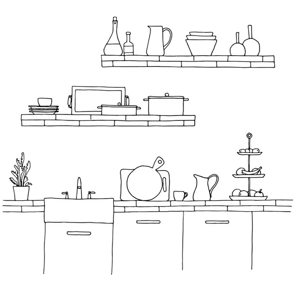 Küchenarbeitsplatte Mit Spüle Die Skizze Der Küche — Stockvektor