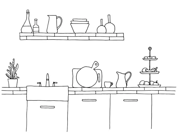 Meja Dapur Dengan Wastafel Sketsa Dapur - Stok Vektor
