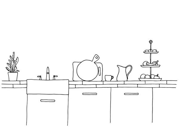 キッチン シンクとワークトップ 台所のスケッチ — ストックベクタ