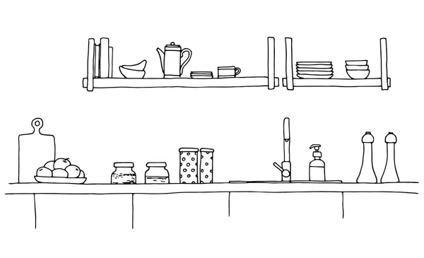 厨房台面与水槽 厨房剪影 — 图库矢量图片