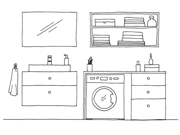 Esboço Desenhado Mão Esboço Linear Interior Parte Casa Banho Ilustração —  Vetores de Stock