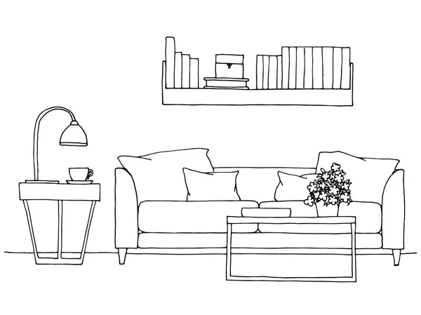 Croquis Linéaire Intérieur Illustration Vectorielle Dessinée Main Style Croquis — Image vectorielle