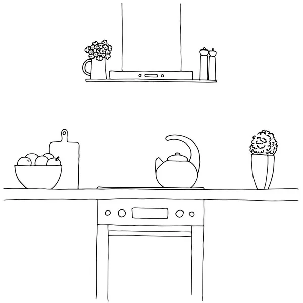 Σκίτσο Της Κουζίνας Πάγκο Της Κουζίνας Φούρνο Κουκούλα Βραστήρα Και — Διανυσματικό Αρχείο