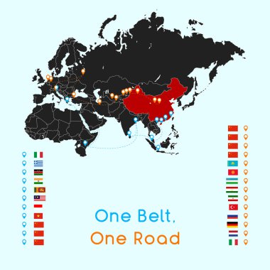  Bir kemer bir yol yeni ipek yolu konsepti. 21'inci yüzyıl bağlantı ve Avrasya ülkeleri arasında işbirliği. Vektör çizim.