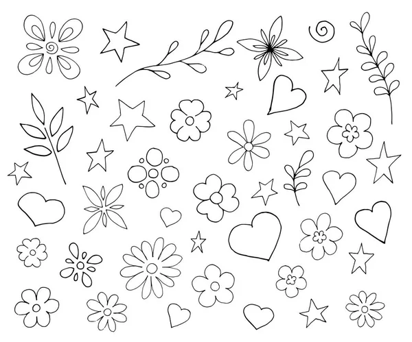 Uppsättning Olika Blommor Växter Hjärtan Vektorillustration Stil Doodle — Stock vektor