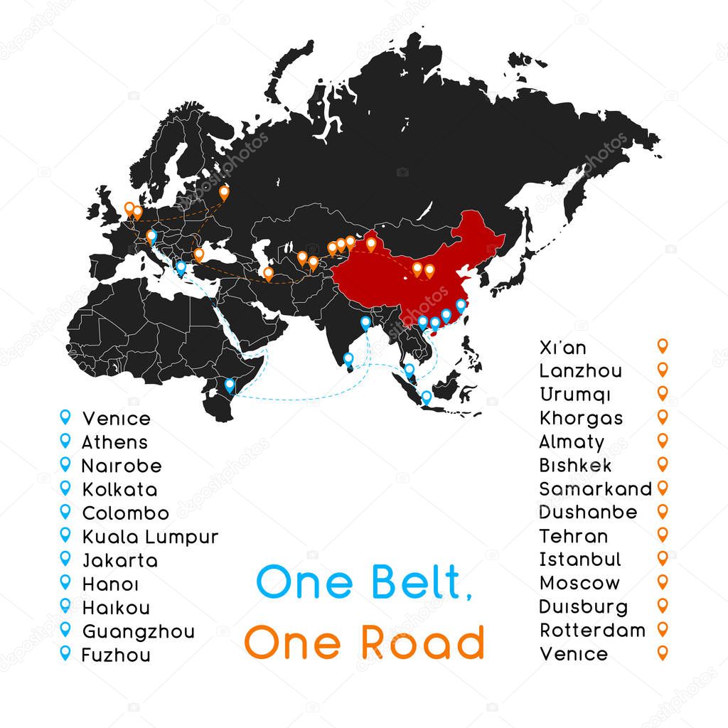  One Belt One Road new Silk Road concept. 21st-century connectivity and cooperation between Eurasian countries. Vector illustration.