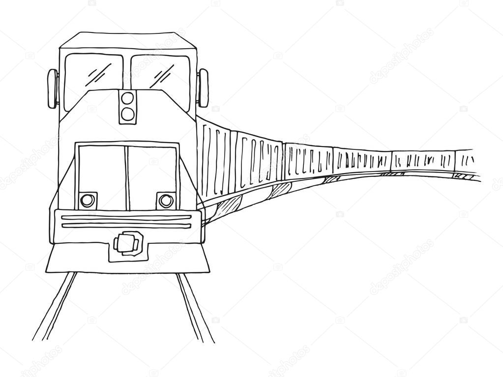 Sketch of freight train isolated on white background. Vector