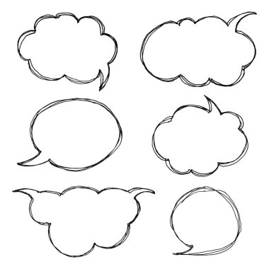 Konuşma konuşma balonları düşünüyorum. Elle çizilmiş doodle tarzı çizgi roman balon, bulut ve kalp sanatsal topluluğu. Vektör çizim kroki tarzı.