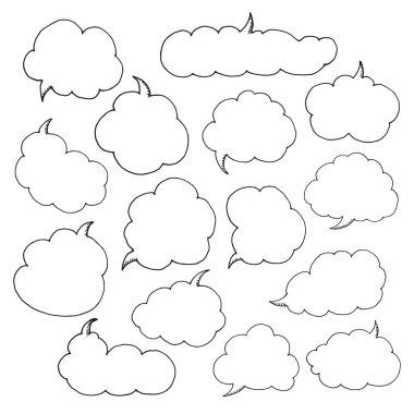 Konuşma konuşma balonları düşünüyorum. Elle çizilmiş doodle tarzı çizgi roman balon, bulut ve kalp sanatsal topluluğu. Vektör çizim kroki tarzı.