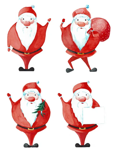 Set Van Santa Claus Verschillende Poses Geschilderd Aquarel Geïsoleerd Witte — Stockfoto