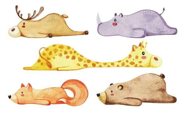 Set of different cute animals. Lazy animals. Watercolor