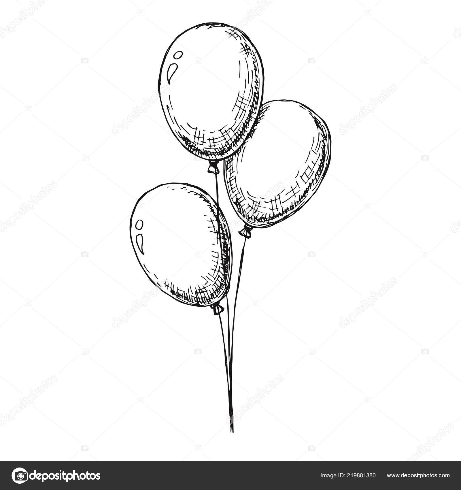 Three Balloons String Hand Drawn Isolated White Background Vector
